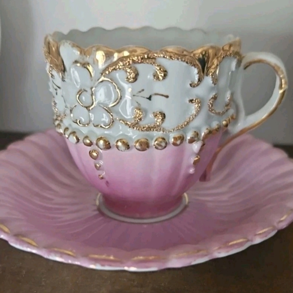 Antique 1900s Porcelain Demitasse Cup & Saucer – Pink Ombré Floral Gold Trim